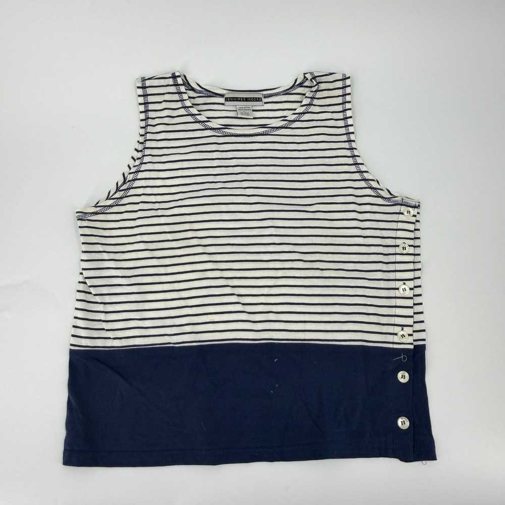Jennifer Moore‎ Striped Tank Top Side Button 90s Vintage Womens Large White Navy